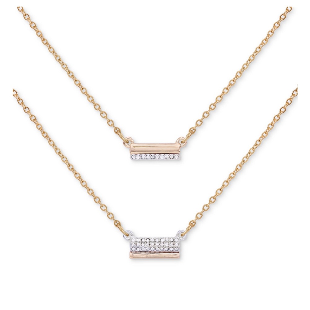 NEW!! Guess Two-Tone 2-Pc. Set Pavé Bar Pendant Necklaces